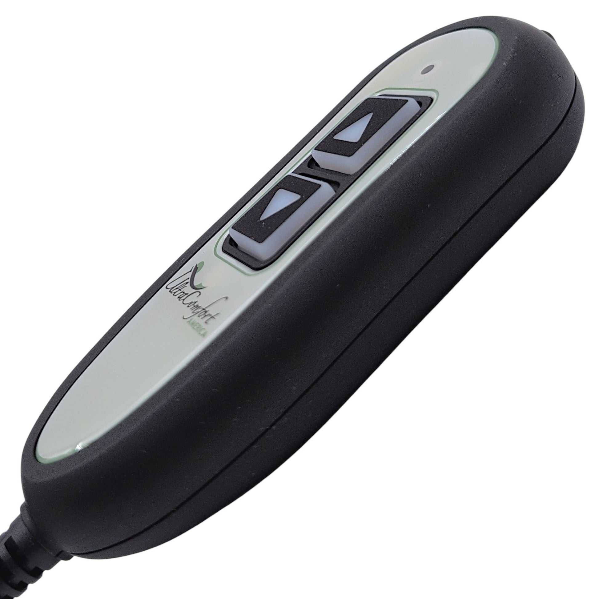 right side of the remote hand control. 2 Buttons, led, logo in view