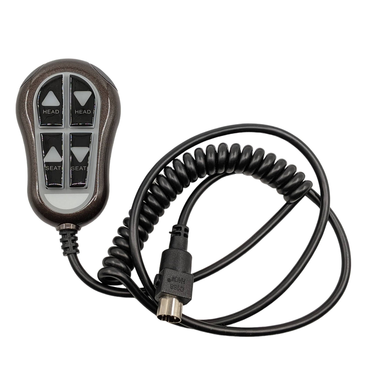 remote with coiled cable and 5-pin connector in view
