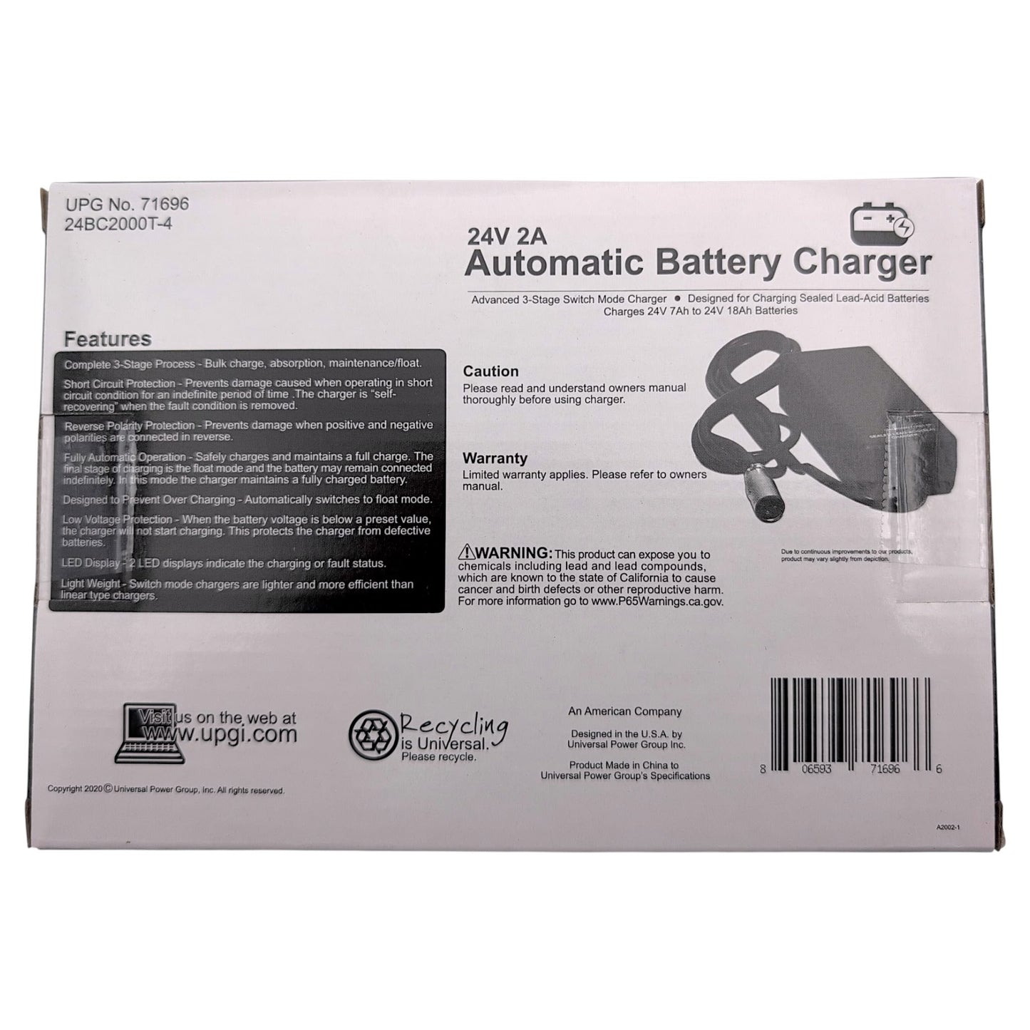 UPG 24V 2.0A Scooter/Wheelchair Battery Charger with 3-Pin XLR Connector 24BC2000T-4 / 71696 / S31055