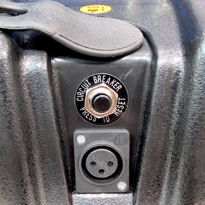 cover off front port. shows circuit breaker and 3-pin XLR Port