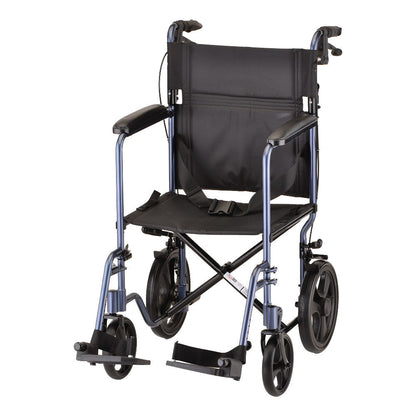 Heavy Duty Transport Chair with 12" Wheels, Hand Brakes, Removable Arms - 22" Extra Wide with Swing Away Blue 332B