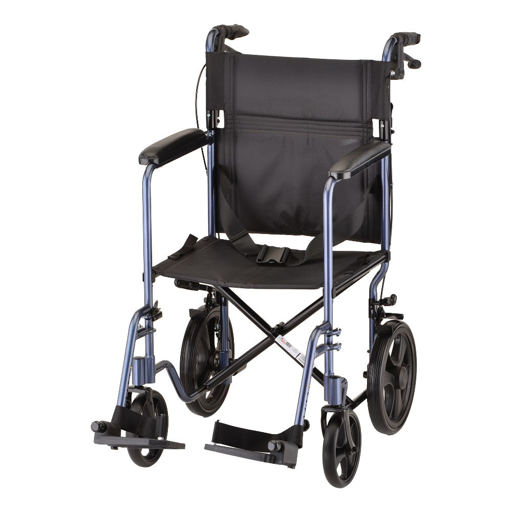 Nova Medical - Heavy Duty Transport Chair with 12" Wheels, Hand Brakes, Removable Arms - 22" Extra Wide with Swing Away Blue 332B