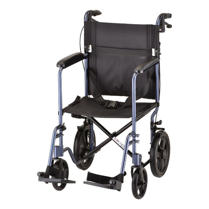 Nova Medical - Heavy Duty Transport Chair with 12" Wheels, Hand Brakes, Removable Arms - 22" Extra Wide with Swing Away Blue 332B