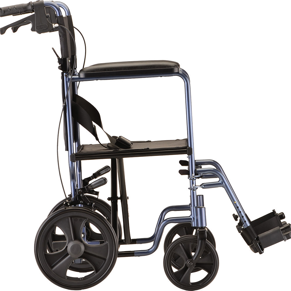 Nova Medical - Heavy Duty Transport Chair with 12" Wheels, Hand Brakes, Removable Arms - 22" Extra Wide with Swing Away Blue 332B