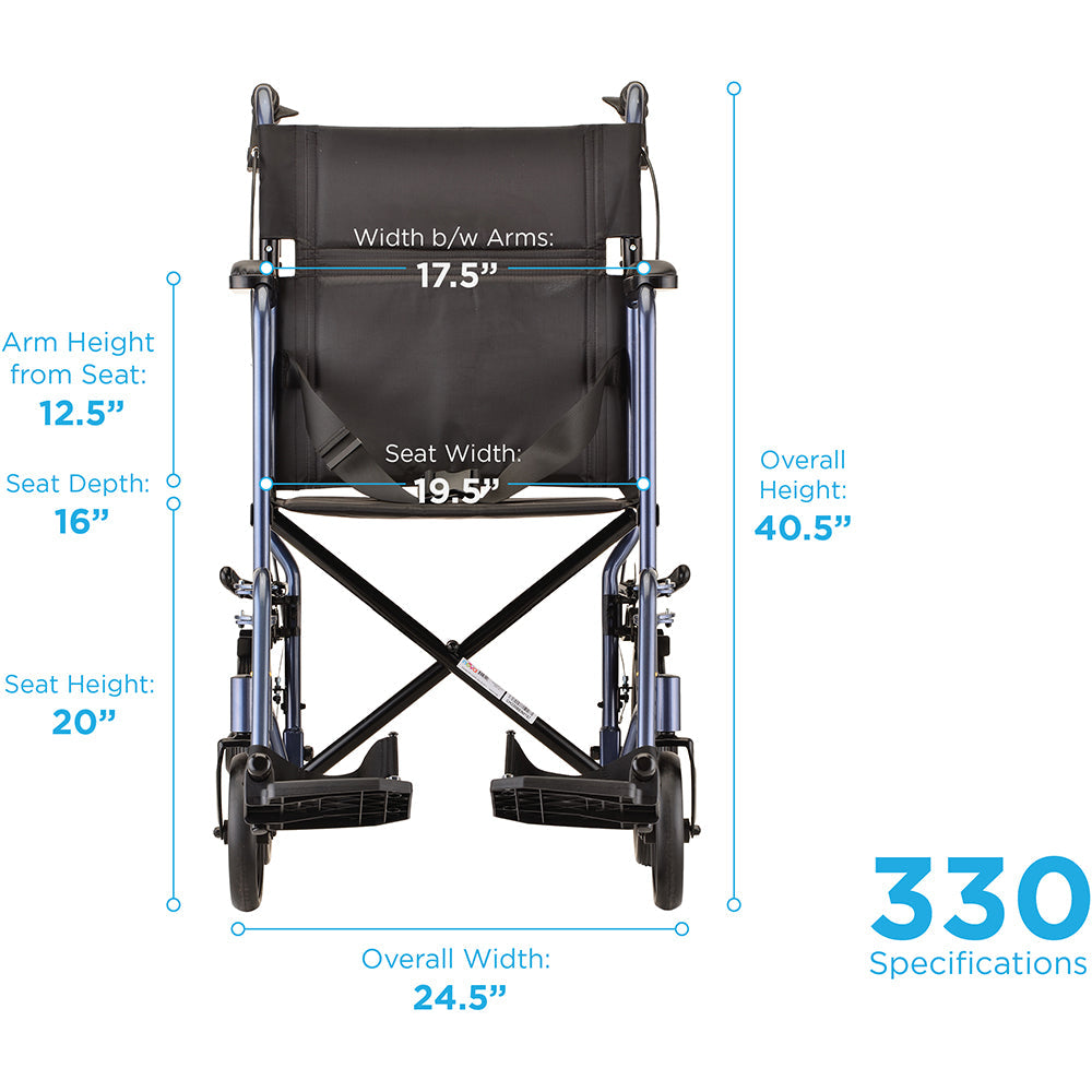 Lightweight Transport Chair with Hand Brakes - 19" with Swing Away Footrests Blue 330B