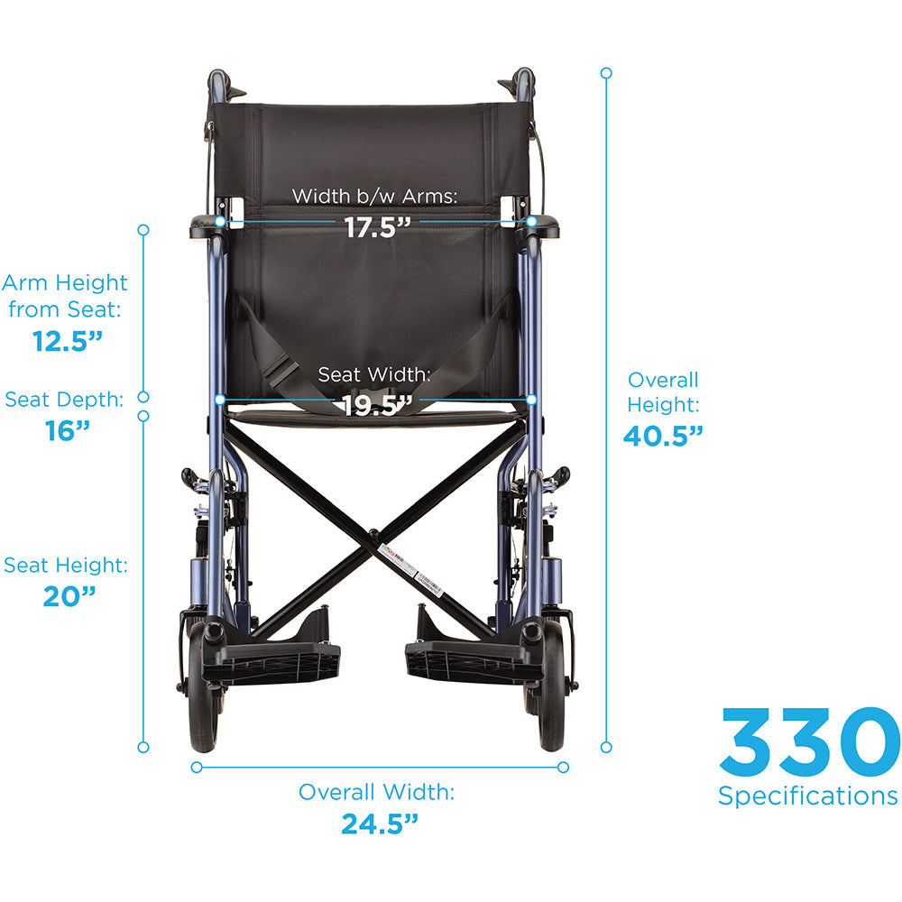 Nova Medical - Heavy Duty Transport Chair with 12" Wheels, Hand Brakes, Removable Arms - 22" Extra Wide with Swing Away Blue 332B