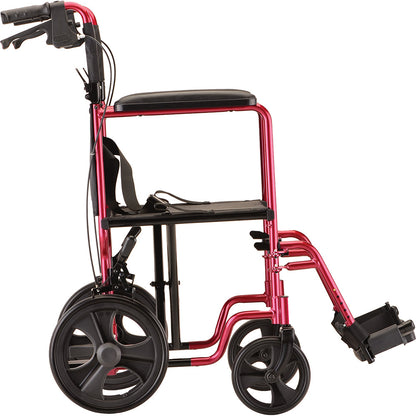 Heavy Duty Transport Chair with 12" Wheels, Hand Brakes, Removable Arms - 22" Extra Wide with Swing Away Red 332R