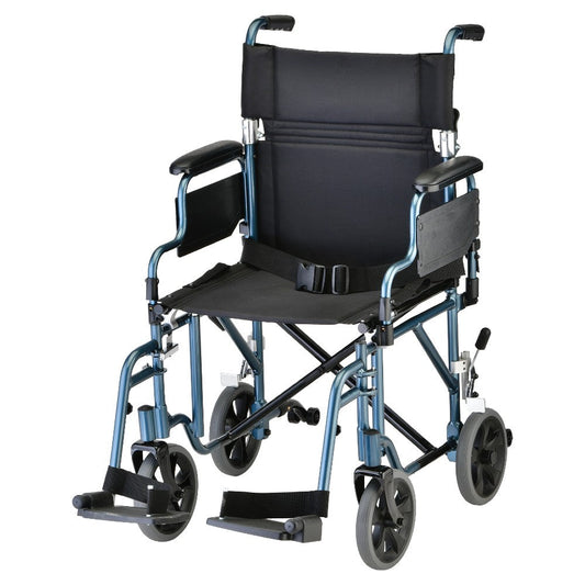Nova Medical - Lightweight Transport Chair with Removable Desk Arms - 19" with Swing Away Footrests Blue 349B