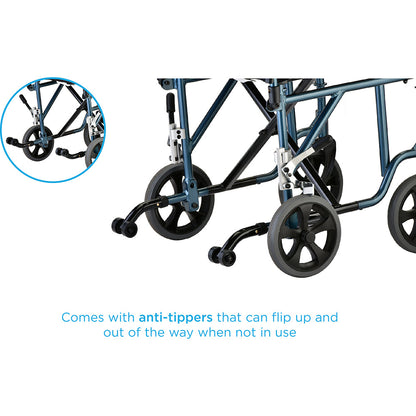 Nova Medical - Lightweight Transport Chair with Removable Desk Arms - 19" with Swing Away Footrests Blue 349B