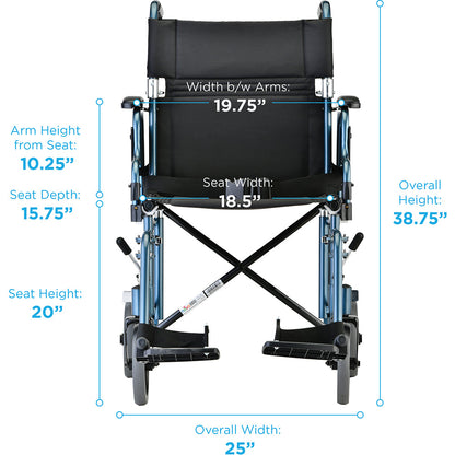 Lightweight Transport Chair with Removable Desk Arms - 19" with Swing Away Footrests Blue 349B