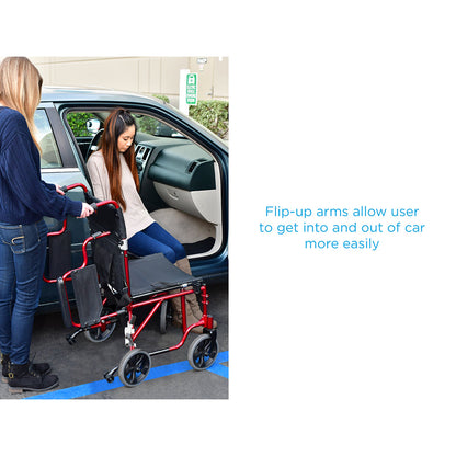 Nova Medical - Lightweight Transport Chair with Removable Desk Arms - 19" with Swing Away Footrests Red 349R