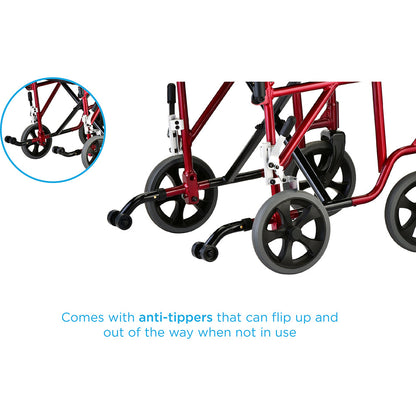 Nova Medical - Lightweight Transport Chair with Removable Desk Arms - 19" with Swing Away Footrests Red 349R