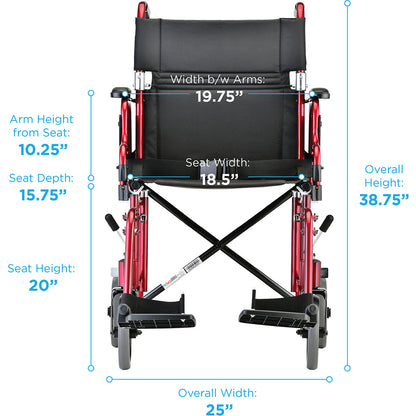 Lightweight Transport Chair with Removable Desk Arms - 19" with Swing Away Footrests Red 349R
