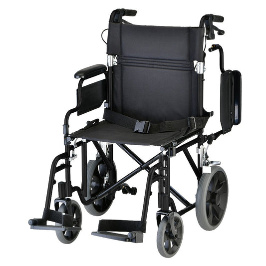 Nova Medical - Lightweight Transport Chair with 12" Rear Wheels, Hand Breaks, Removeable Arms - 19" with Swing Away Foot - 352