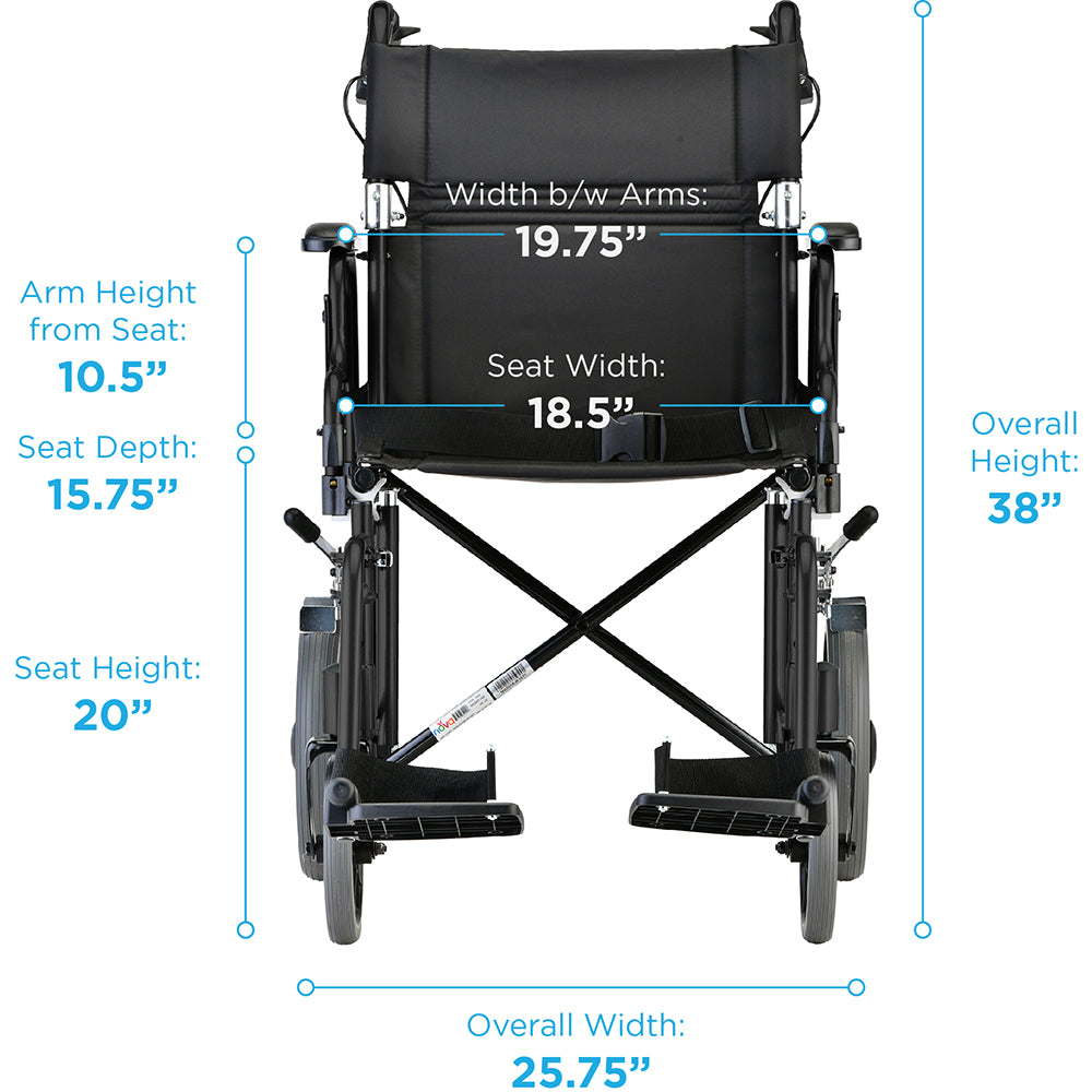 Nova Medical - Lightweight Transport Chair with 12" Rear Wheels, Hand Breaks, Removeable Arms - 19" with Swing Away Foot - 352