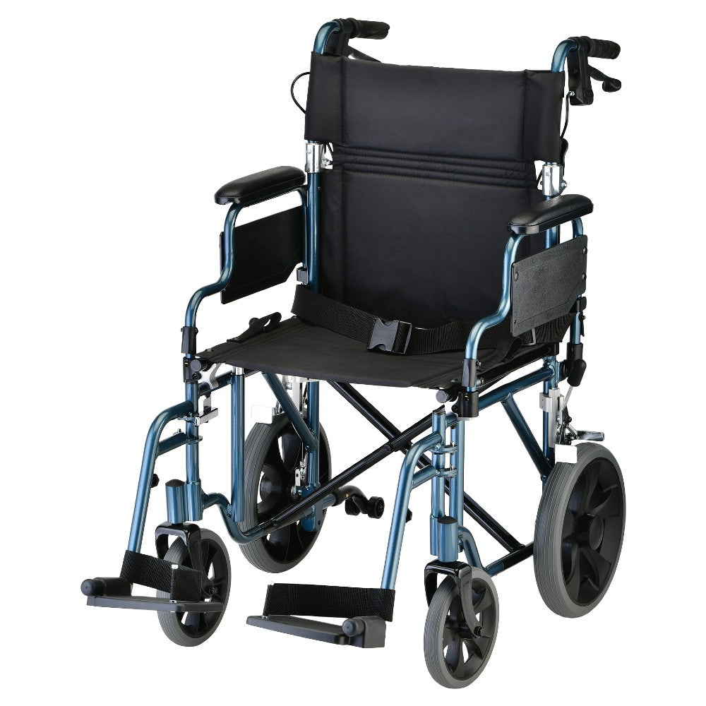Lightweight Transport Chair with 12" Rear Wheels, Hand Breaks, Removeable Arms - 19" with Swing Away Foot - 352