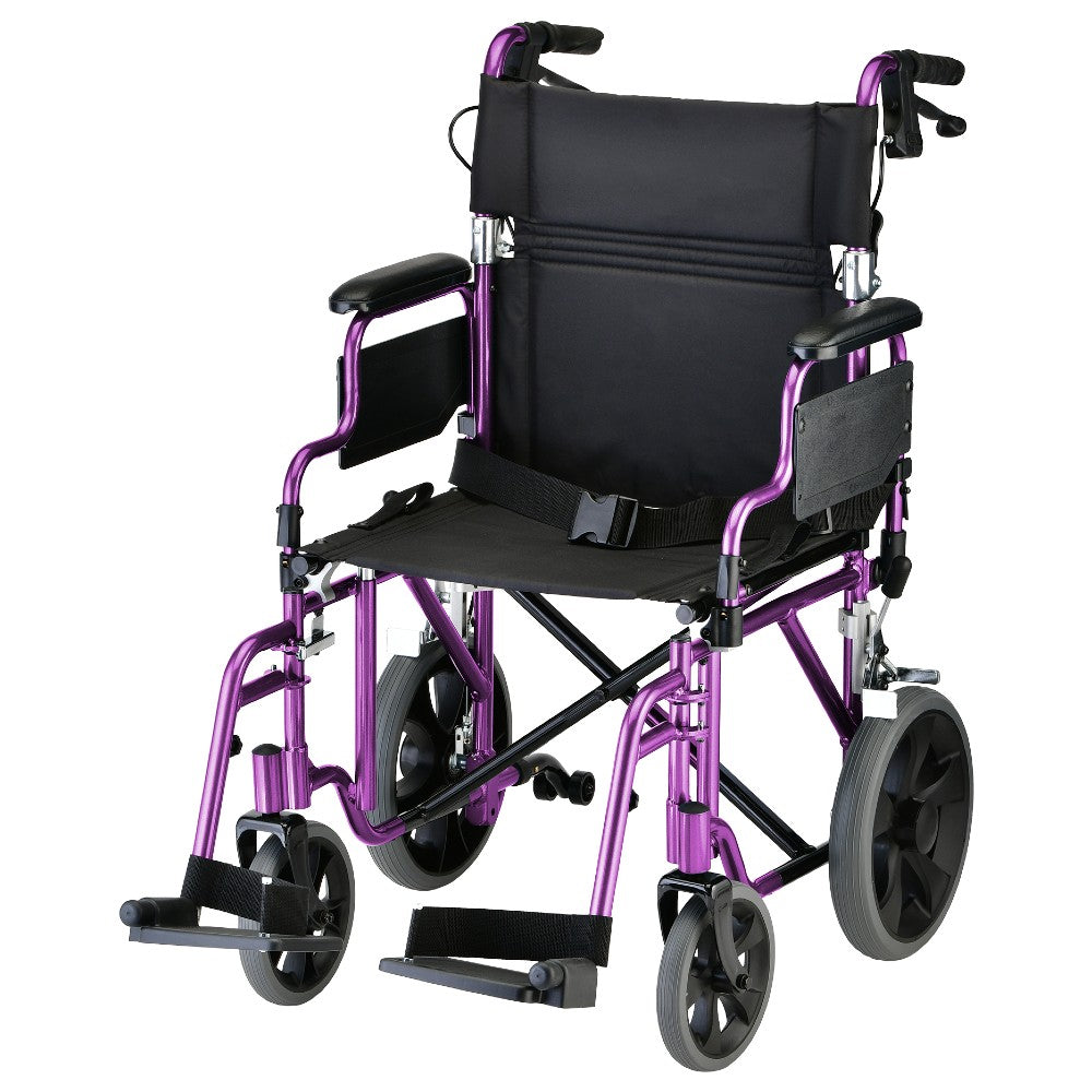 Nova Medical - Lightweight Transport Chair with 12" Rear Wheels, Hand Breaks, Removeable Arms - 19" with Swing Away Foot - 352