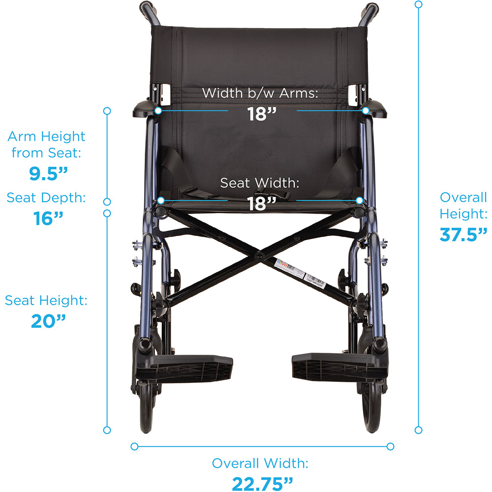 Nova Medical - Lightweight Transport Chair with Removable Wheels - 19" with Swing Away Footrests Blue 377B-R