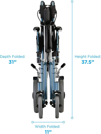Nova Medical - Heavy Duty Transport Chair with 12" Wheels, Hand Brakes, Removable Arms - 22" Extra Wide with Swing Away Blue 332B