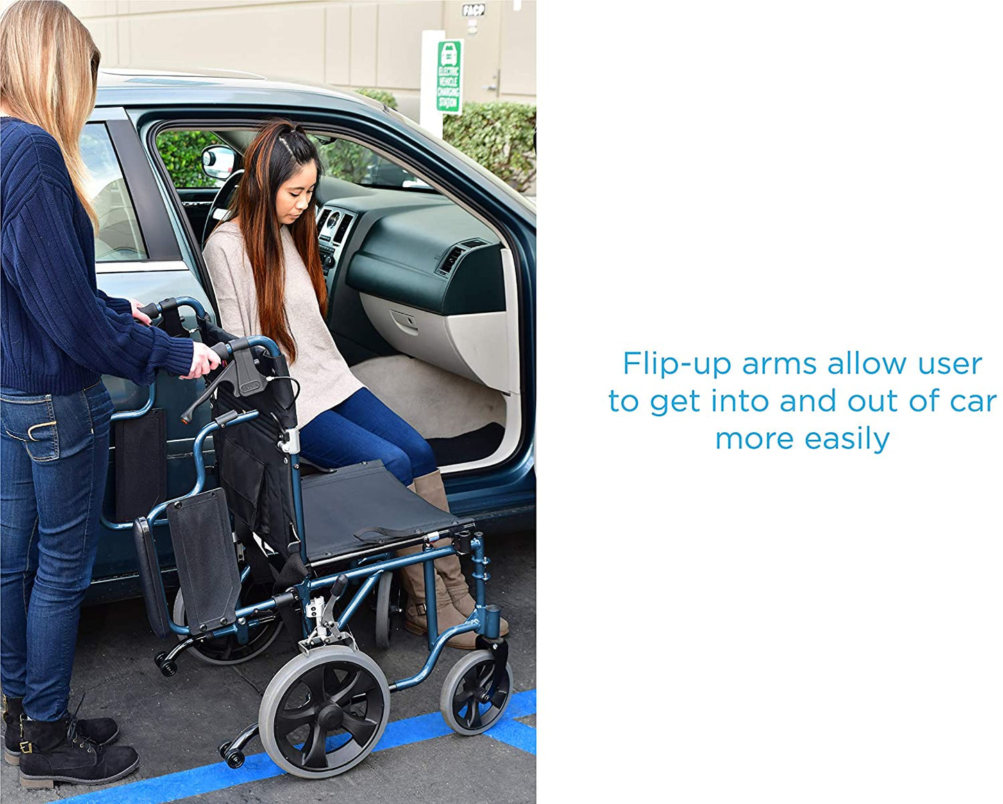 Nova Medical - Heavy Duty Transport Chair with 12" Wheels, Hand Brakes, Removable Arms - 22" Extra Wide with Swing Away Blue 332B