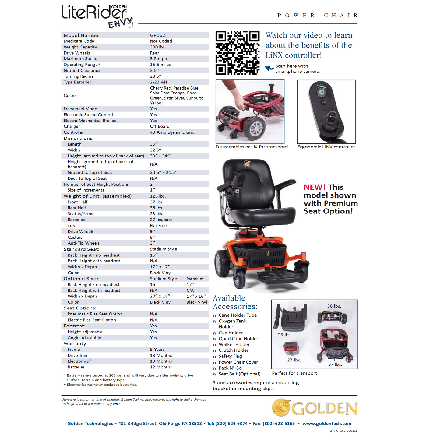 Travel Power Wheelchair - Golden Technologies - LiteRider Envy - GP162 - Premium 17"x16" Seat