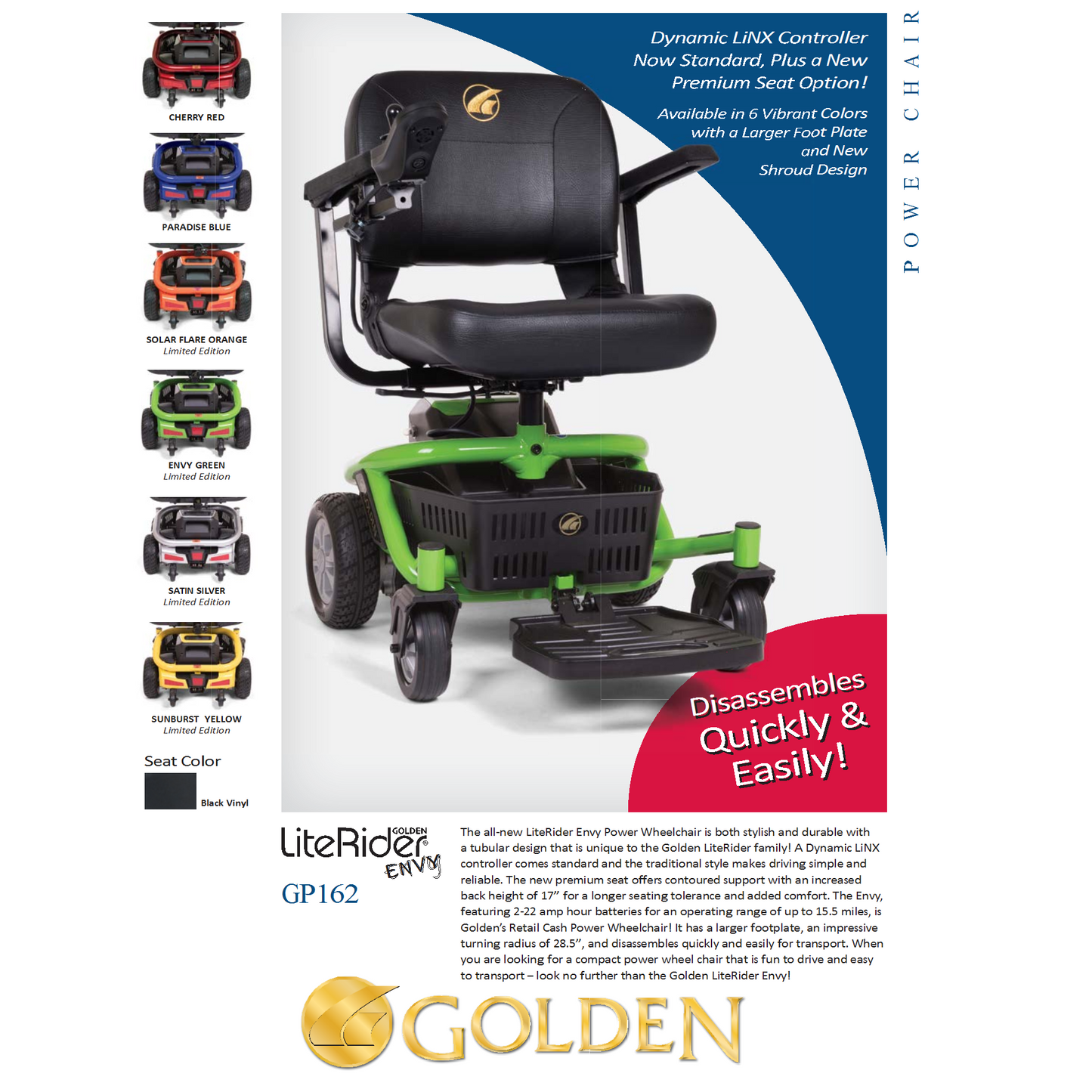 Travel Power Wheelchair - Golden Technologies - LiteRider Envy - GP162 - Standard 17"x17" Seat