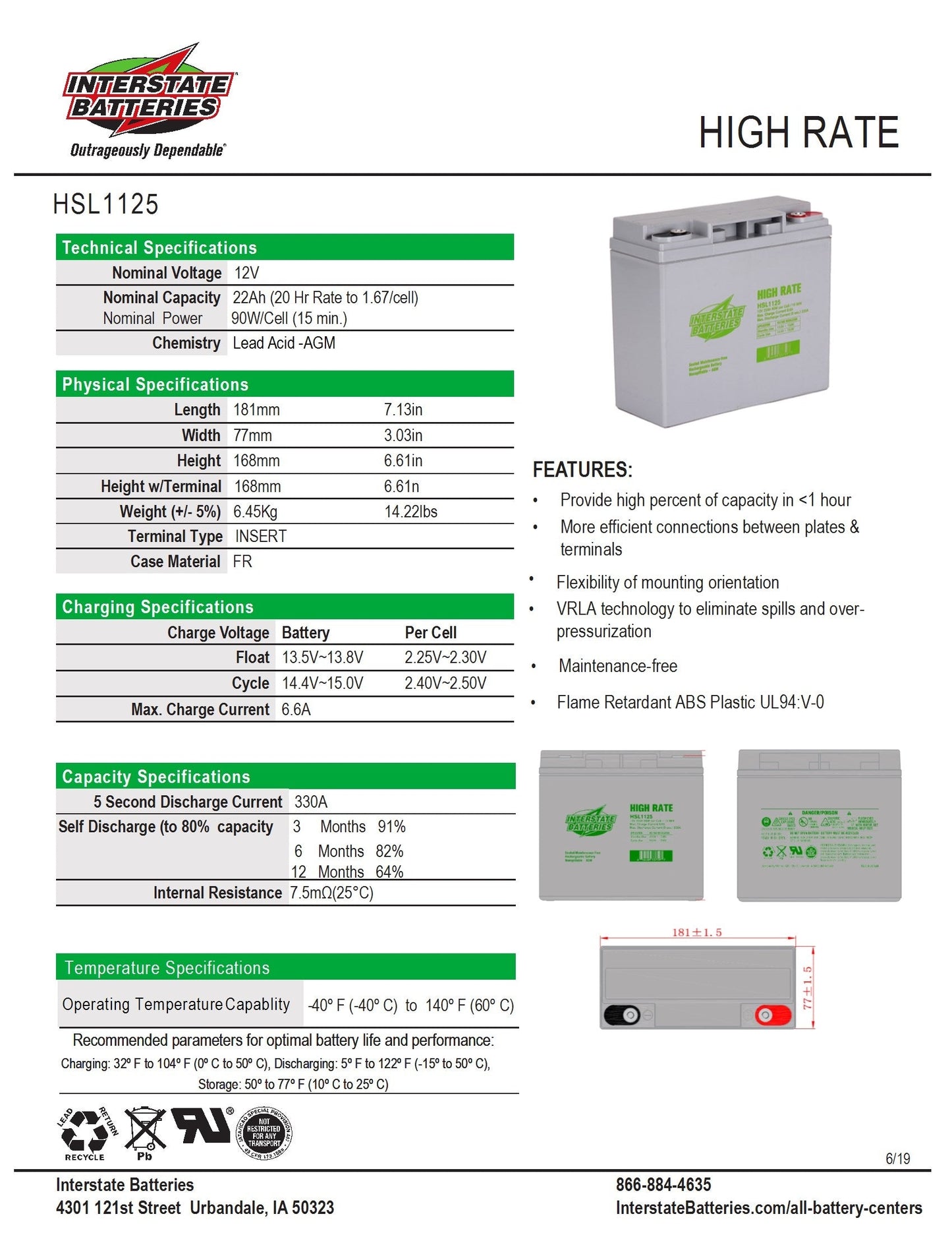 Interstate Battery - HSL1125 - 12 volt 22 amp - High Rate