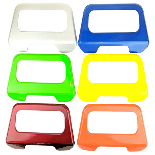 Showing all the color options, six in all. White, blue, green, yellow, red, and orange