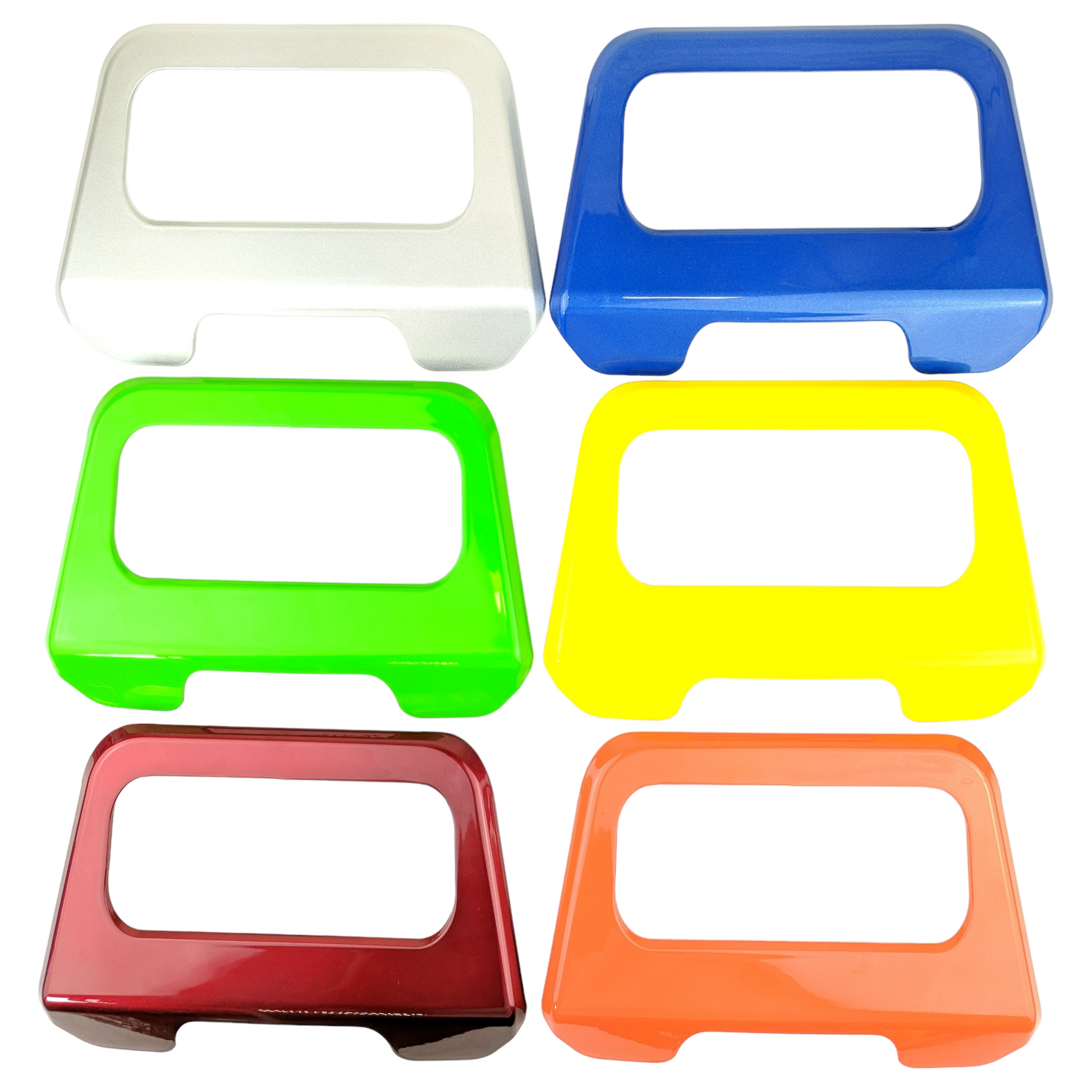 Showing all the color options, six in all. Silver, blue, green, yellow, red, and orange
