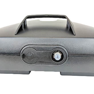 front closeup of battery packs breaker reset and cover for the charger port