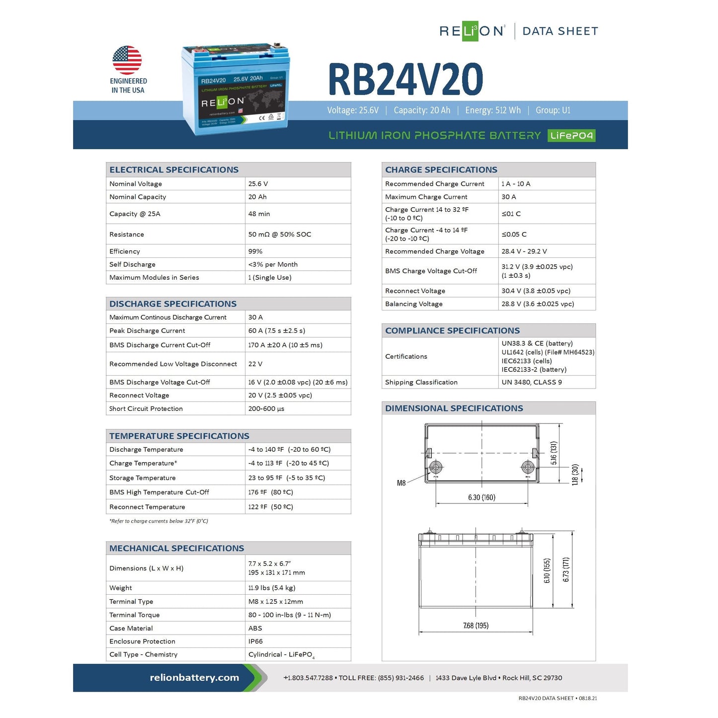 Relion Battery - RB24V20 - 24V 20Ah LiFePO4