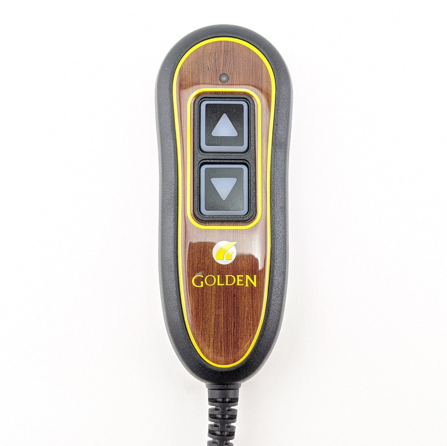 front closeup of 2-button remote hand control. wood grain with yellow accent, black case, and "Golden" Logo