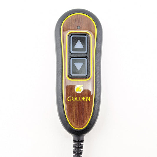 front closeup of 2-button remote hand control. wood grain with yellow accent, black case, and "Golden" Logo