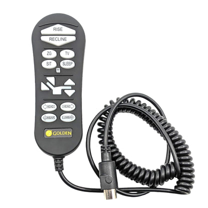 front of 15-button remote hand control with cable wound up