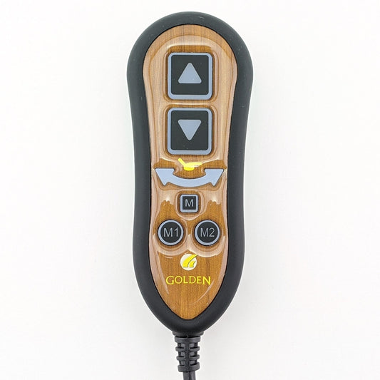 golden 7-button (up, down, recline, memory, M1, M2) remote hand control. woodgrain finish, black body.