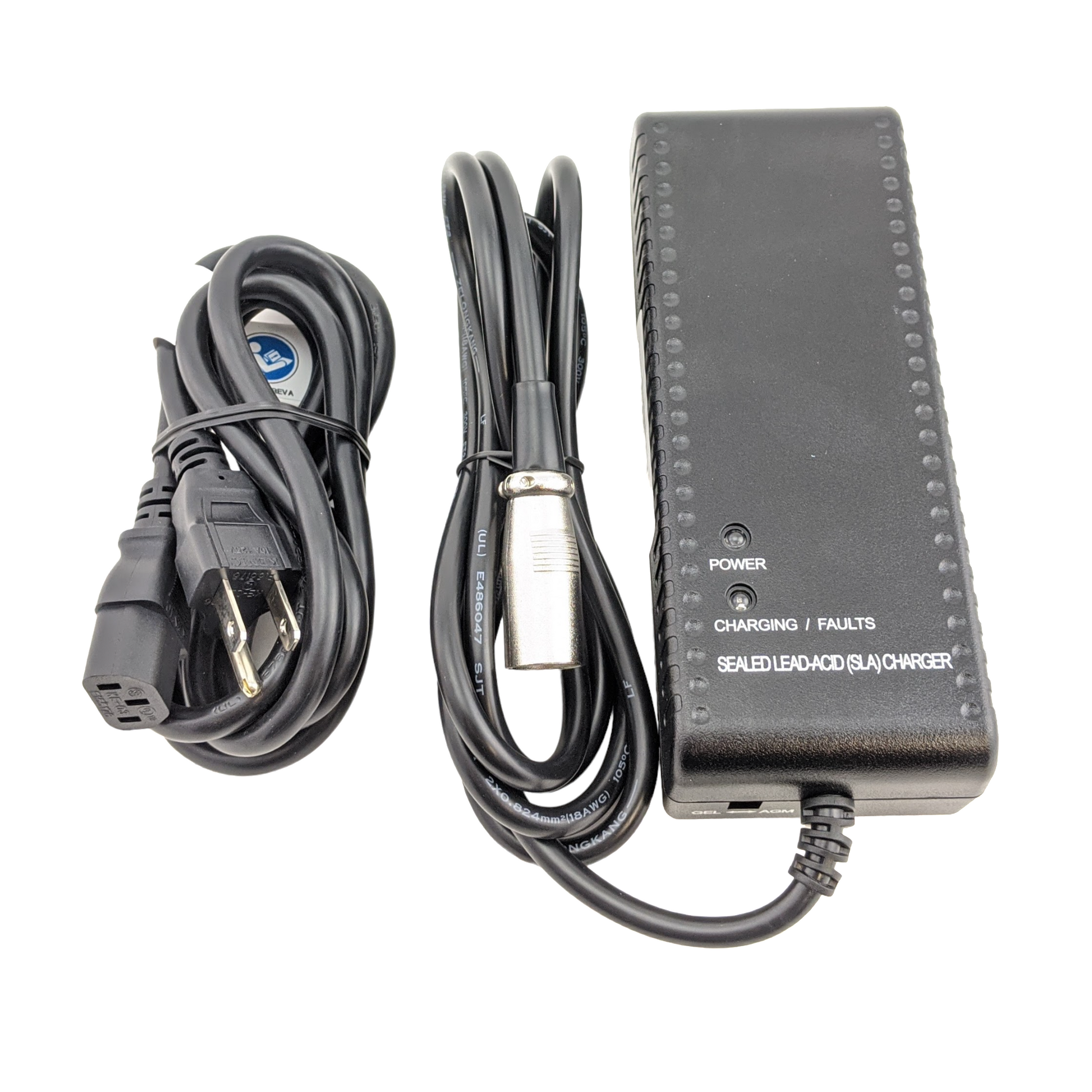 xlr 3-pin mobile scooter charger top view with both cables. UPG Part Number: 24BC3500T-4