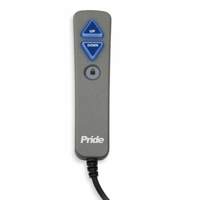pride mobility 3-button remote hand control wand with lock button. Buttons light up blue