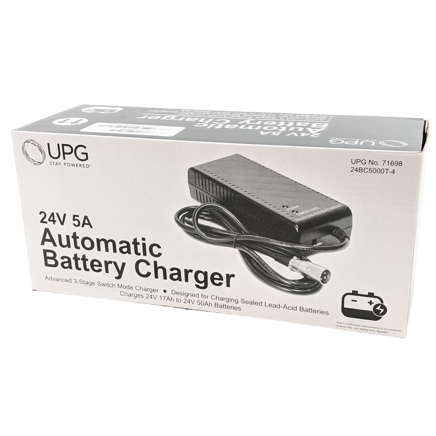 upg charger in box. Shows, UPG Number: 71698,  Model Number: 24BC50000T-4, 24Volt, 5A